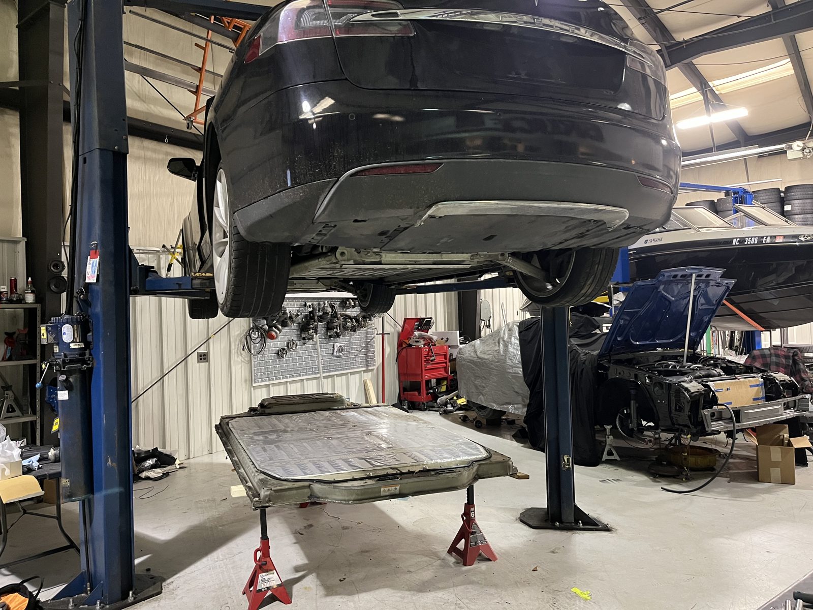 Tesla high-voltage battery pack replacement at the HighVolt EV shop in Harrisburg near Charlotte, NC