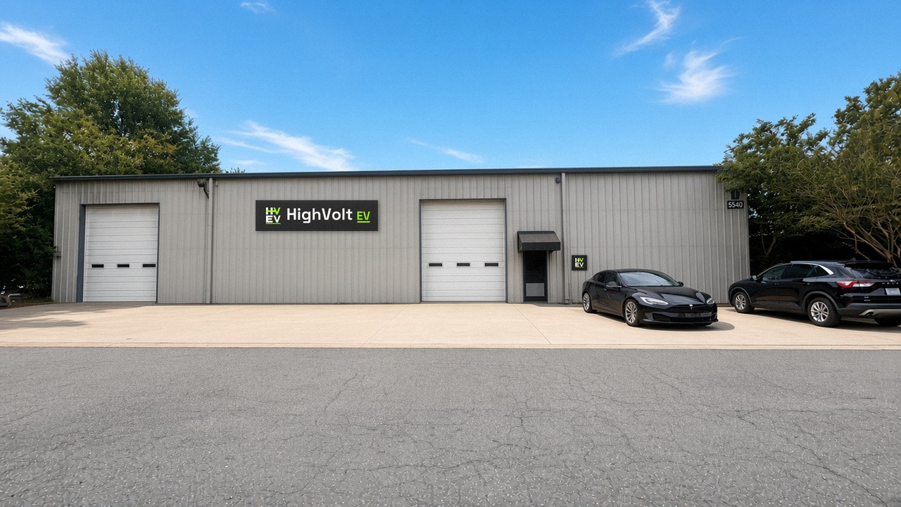HighVolt EV out-of-warranty Tesla repair shop at 5540 Morehead Rd, Building 1, Harrisburg, NC